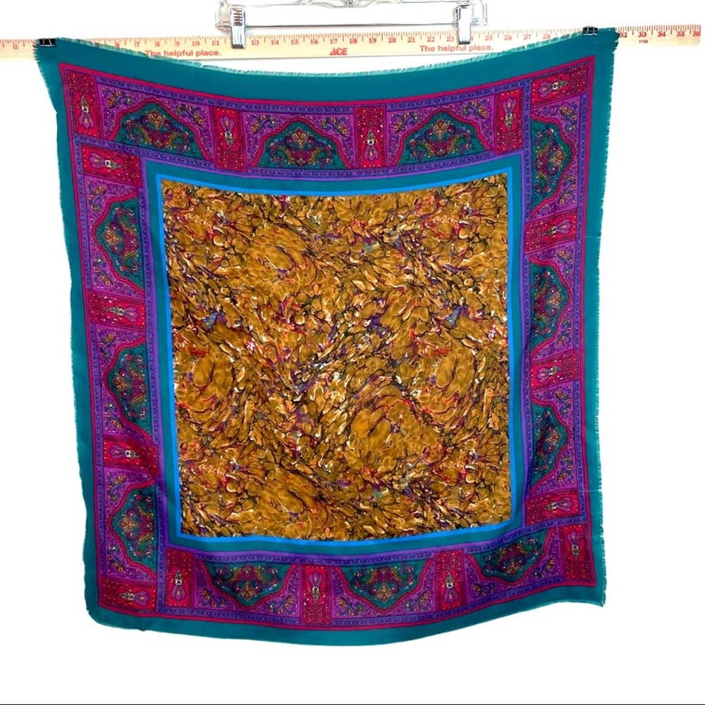 VINTAGE 80s Foulard Green & Purple 29x29 Square Scarf A20